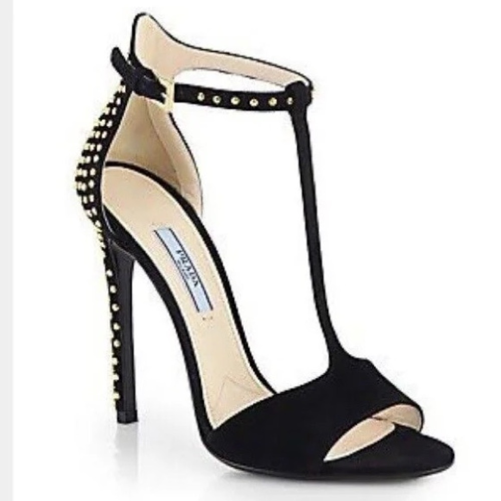 💯 Prada Black Suede Studded Suede T-strap Heel